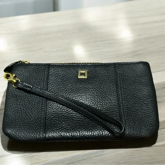 LODIS CLUTCH Wristlet Purse, Black Leather Zipper Pouch Wallet Designer - Picture 3 of 8